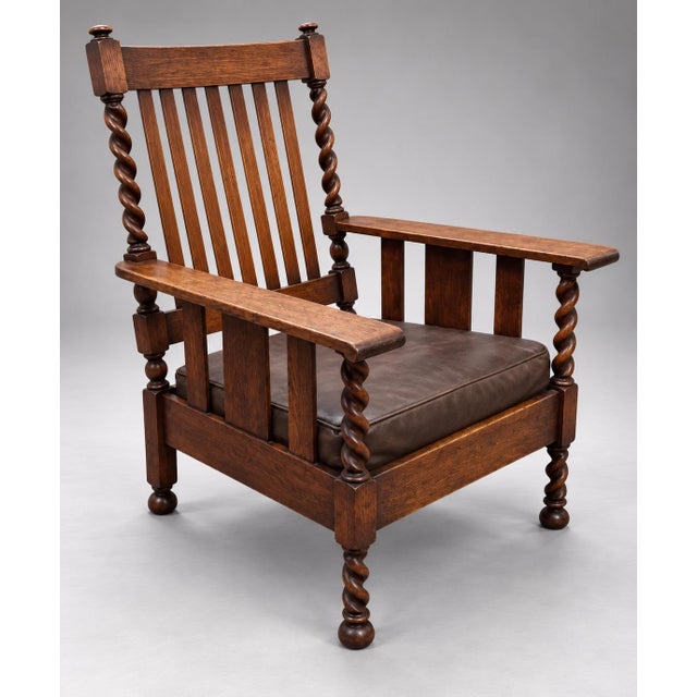 Antique Arts & Crafts, Original Stickley Brothers, Oak, Slat Back, Very Rare Barley Twist Stiles & Legs Lounge Chair. Labeled and Stamped For Sale - Image 10 of 10