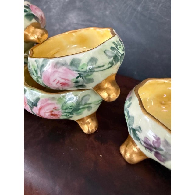 Late 19th Century Set of Five (5) Antique Hand Painted Porcelain Footed Salt Cellars C1890 to 1910 Austrian Bavarian With Pink Roses and Gold Feet For Sale - Image 5 of 9