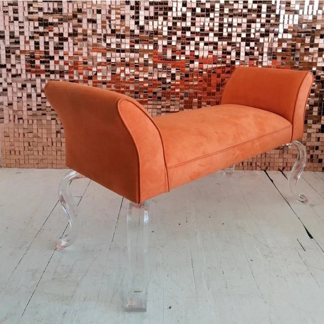 Large vintage double-ended bench by Shlomi Haziza, USA, c1980s. Curvy acrylic glass legs, light orange ultrasuede...