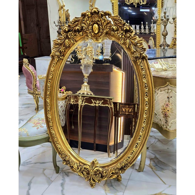 French Oval Wall Mirror – Hand Carved Gold Leaf Frame With Ornate Floral Details For Sale - Image 4 of 4