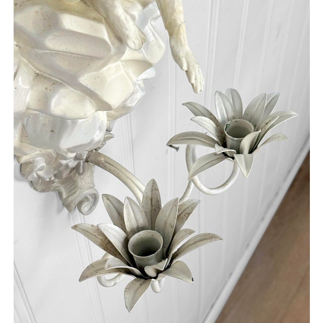 Vintage Florida Regency White Lacquered Palm Tree & Monkey Candle Wall Sconce For Sale - Image 10 of 11