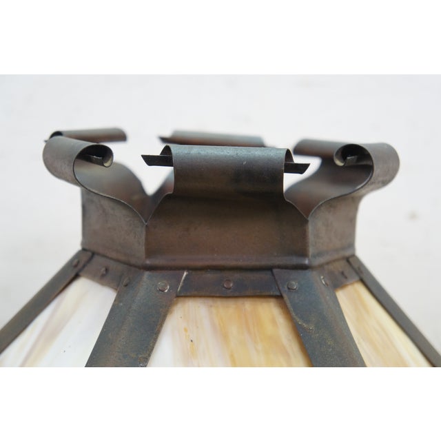 Antique Arts & Crafts Octagonal Caramel & Pink Slag Glass Panel Lamp Shade 17" For Sale - Image 4 of 15