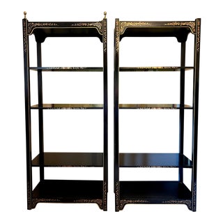 Late 20th Century Black Lacquer Chinoiserie Étagères With Hand Painted Gold and Floral Details - a Pair For Sale