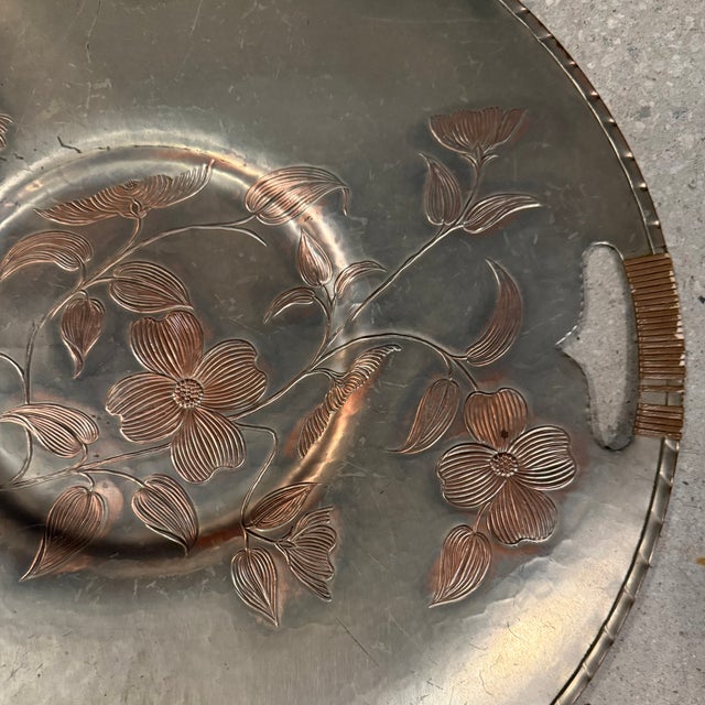 Mid 20th Century Large Aluminum and Rattan Decorative Floral Motif Serving Tray For Sale In New York - Image 6 of 10