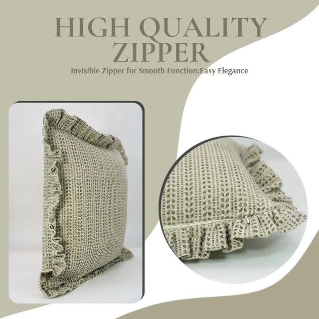 Art Deco Fabdivine Artisan Block Print Throw Frill Pillow Cover Green 18x18 Inch Thick Linen- Ratanbel For Sale - Image 3 of 5