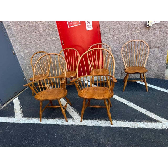 Bent Brothers Colonial Style Bow Back Windsor Oak Wood Dining Chairs Solid wood frame, spindle back, saddle seat,...