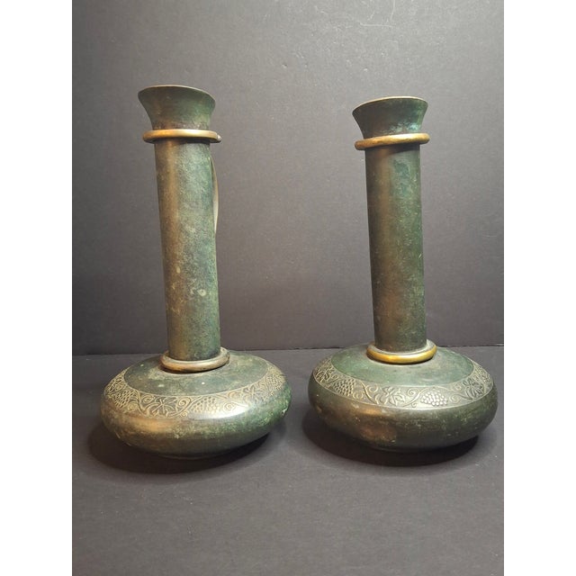 Pair Vintage Pal-Bell Maurice Ascalon Bronze Ewers Pitchers Grape Motif Israel For Sale - Image 4 of 14