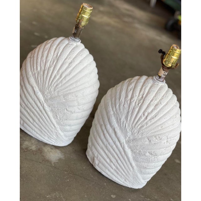 Pair of sculptural shell-inspired light fixtures featuring a beautifully ribbed, organic form in a textured white finish....