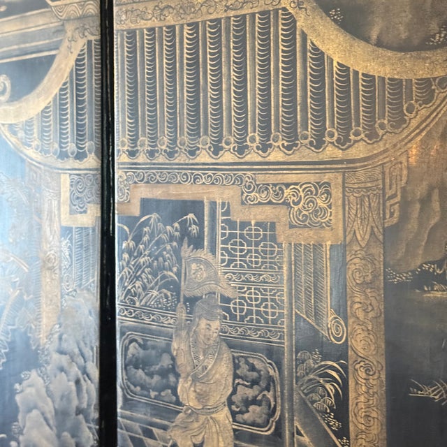 Black Monumental Antique Chinese Coromandel Style Qing Lacquer Four-Panel Screen For Sale - Image 8 of 11