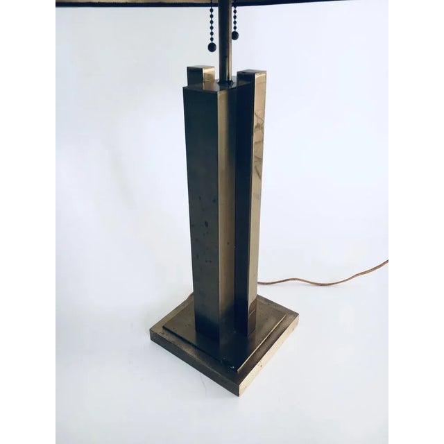 Vintage Hollywood Regency Style Design Brass Architectural Table Lamp, made in the 1970s. All brass base with brown...