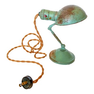 Antique Industrial Turquoise Heavy Brass Shelf or Hang Task Lamp, Articulating For Sale