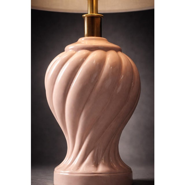 Art Nouveau Vintage Hollywood Regency Pink Spiral Ceramic Table Lamp With Linen Shade For Sale - Image 3 of 8