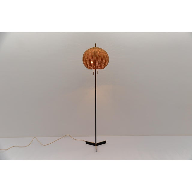 Awesome mid-century modern tripod brass and rattan floor lamp, 1950s austria the lamp needs 1 x e27 / e26 edison screw fit...
