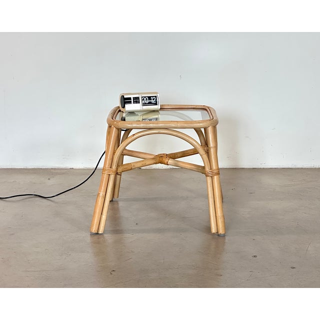 1970s bamboo coffee table with glass top (top size 38x38 cm)