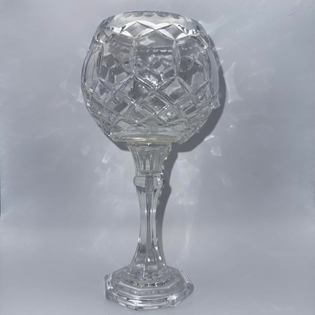Vintage Polish 24% Lead Crystal Candle Holder Goblet Hand Cut Diamond Pattern 9" For Sale In Miami - Image 6 of 11