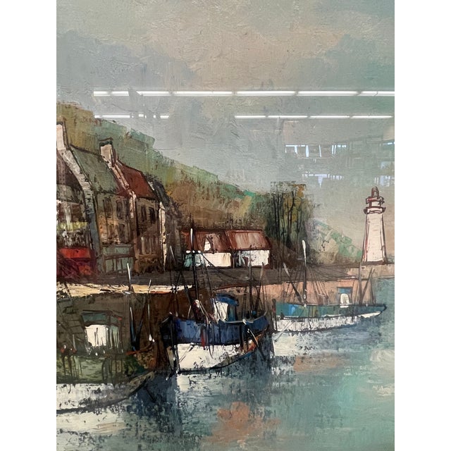 Vintage Mid-Century Coastal Harbor Painting With Lighthouse and Fishing Boats, Framed. For Sale - Image 10 of 10