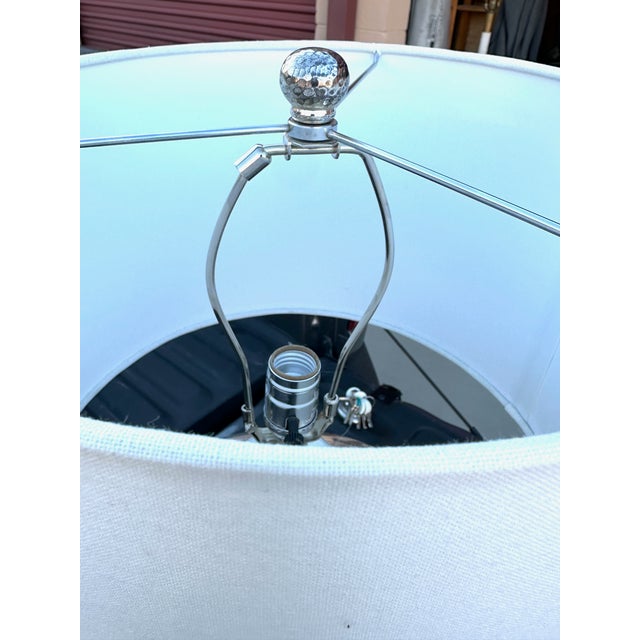 2010s Pottery Barn Siver Hammered Metal Rivet Table Lamps W/Shades-Pair For Sale - Image 5 of 11