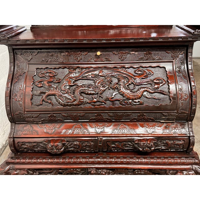 Early 20th Century Heavily Carved Japanese/Asian Secretary Desk With Volcanos and Dragons For Sale - Image 12 of 15
