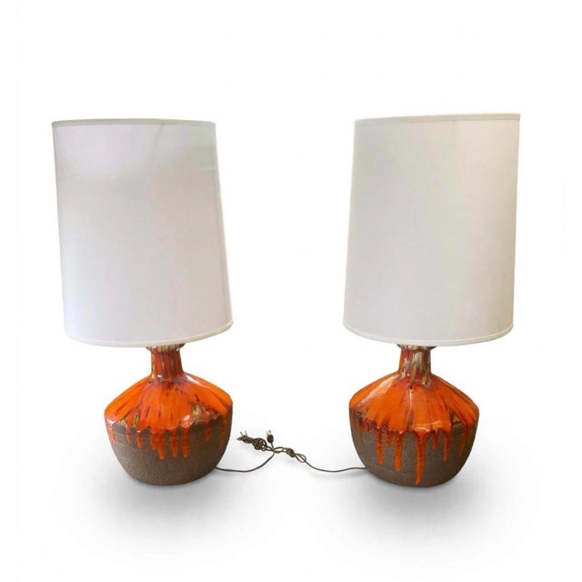 Red Vintage Mid Century Modern 1960s Lava Drip Glazed Ceramic Set of Table Lamps Pair For Sale - Image 8 of 11