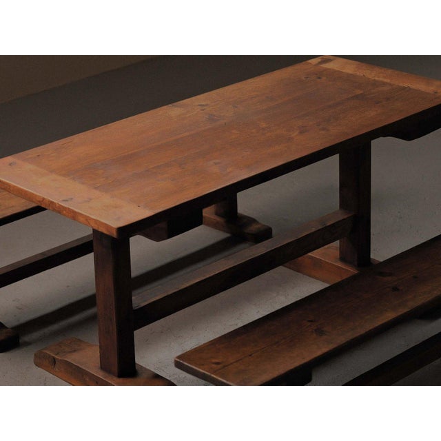 Mid-Century Modern Pine Dining Table and Benches, France, 1970, Set of 3 For Sale - Image 3 of 18