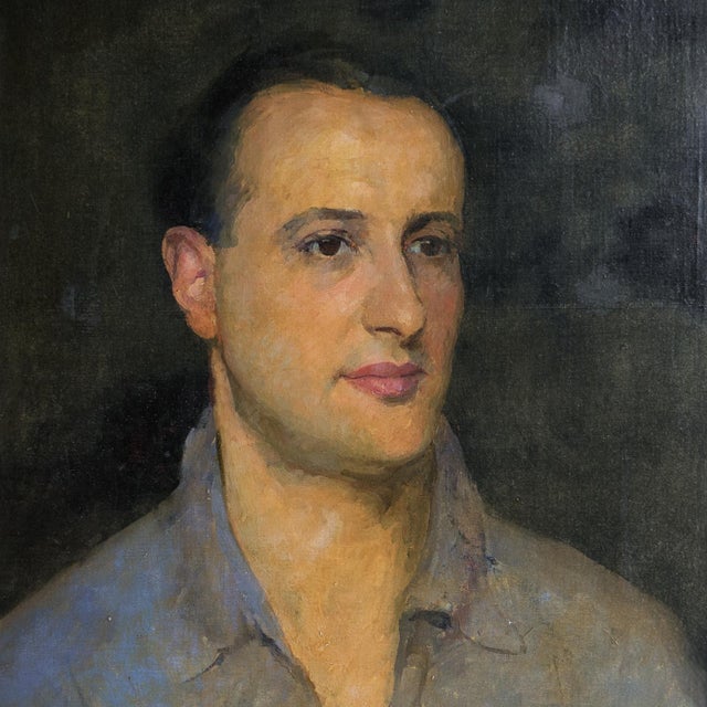 Antique Original Oil on Canvas Painting Depicting a Male Sitter A captivating portrait of a handsome man with rosy lips...