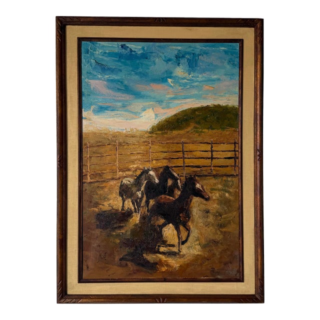 1970s Dhley Impressionist Horses Landscape Oil on Canvas Painting For Sale