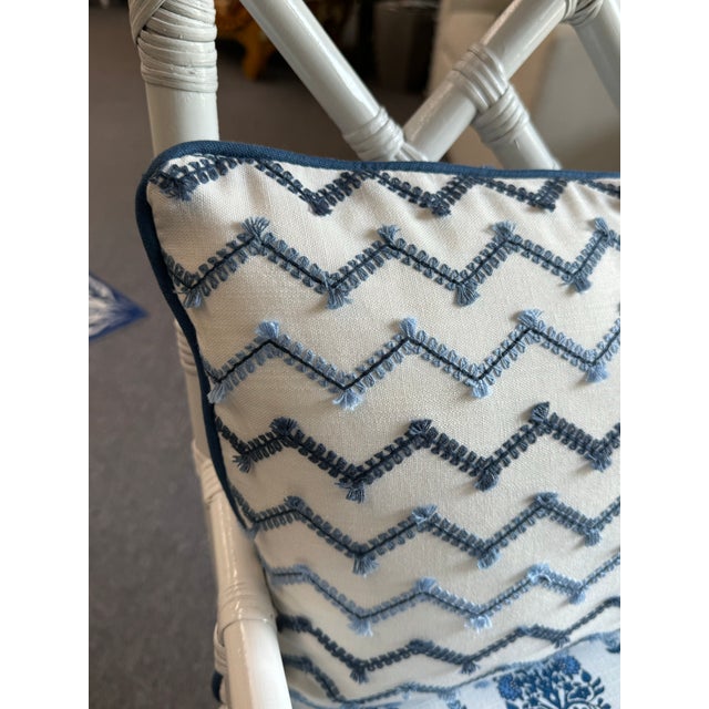 White Late 20th Century Painted Bamboo Chair With Nautical Cushion and Lumbar Pillow For Sale - Image 8 of 11
