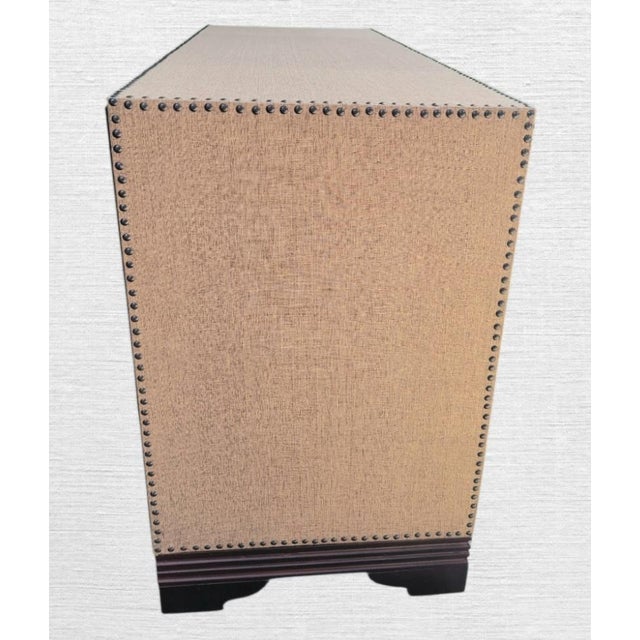 Wood Vintage Textured Tan Linen Covered Studded British Baker Style Colonial Storage Tv Stand Cabinet For Sale - Image 7 of 13