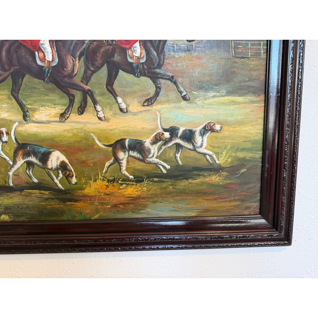 Large Vintage Oil Painting English Fox Hunt Horses Hounds Hunting Scene Art For Sale In Jacksonville, FL - Image 6 of 8