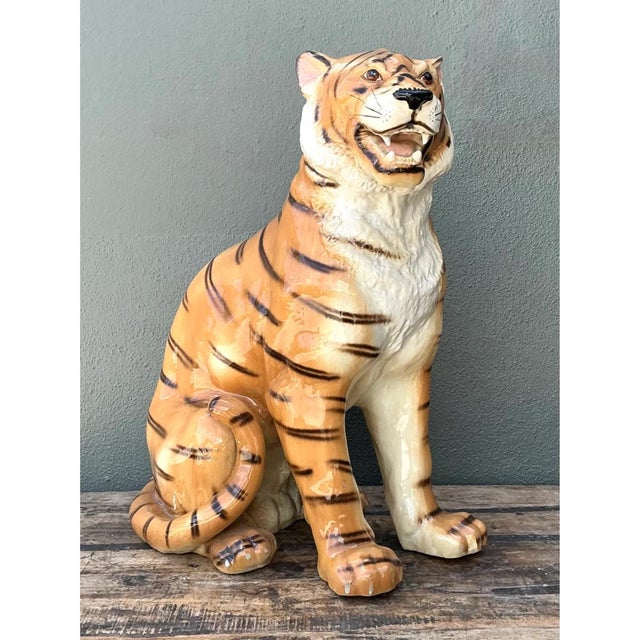 Orange Vintage Italian Ceramic Tiger Statue For Sale - Image 8 of 12