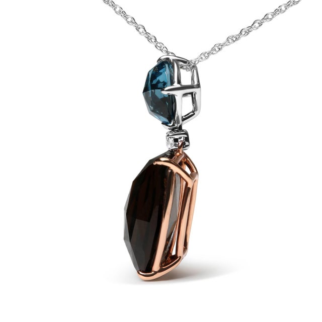 Contemporary 18K Rose and White Gold Diamond Accent and London Blue Topaz and Cushion Cut Smoky Quartz Gemstone Dangle Drop 18" Pendant Necklace For Sale - Image 3 of 5