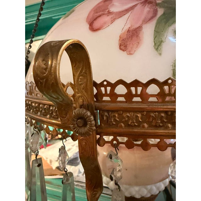 Victorian Antique Victorian Floral Painted Glass & Brass Hanging Chandelier With Crystal Prisms For Sale - Image 3 of 16