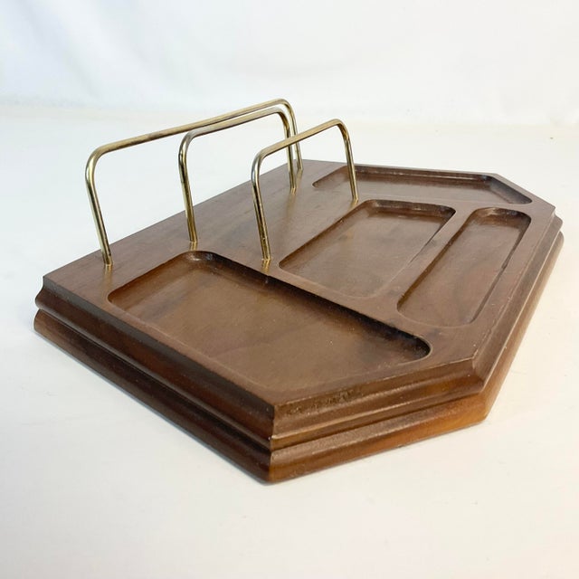 Wood 1970s Mid-Century Boho Chic Walnut & Brass Desk or Dresser Caddy Valet Tray. For Sale - Image 7 of 8