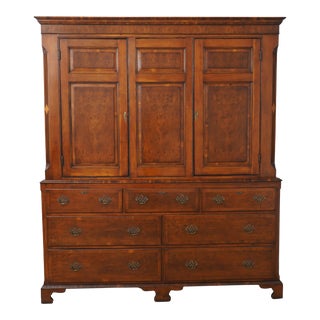 English 19th C. Antique Burl Yew Wood Linen Press For Sale