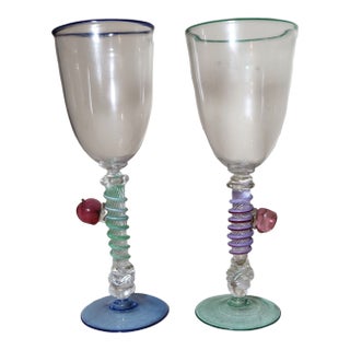 1990s Pair of Hand Blown Harry Stuart RPM Studio Art Glass Goblet Chalice Wine Glass For Sale