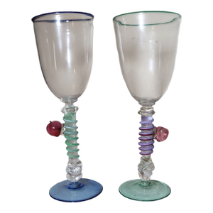 1990s Pair of Hand Blown Harry Stuart RPM Studio Art Glass Goblet Chalice Wine Glass