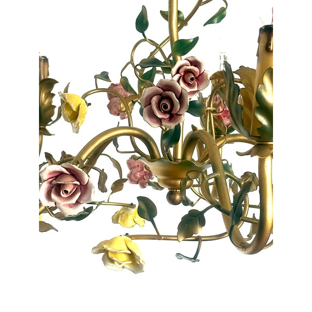 Italian Metal and Porcelain Flower Chandelier, 1940s For Sale - Image 11 of 17