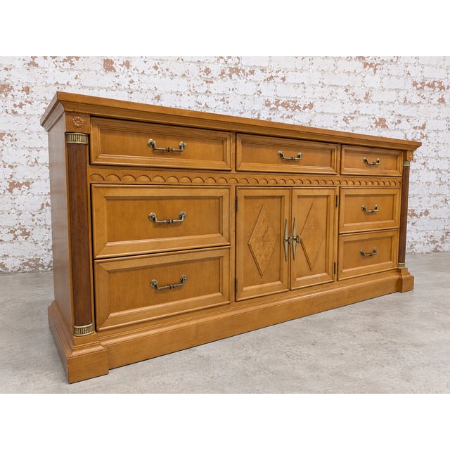 Stanley Furniture Vintage Art Deco Stanley Furniture Solid Wood Triple Dresser/Credenza With Maple Accents For Sale - Image 4 of 8
