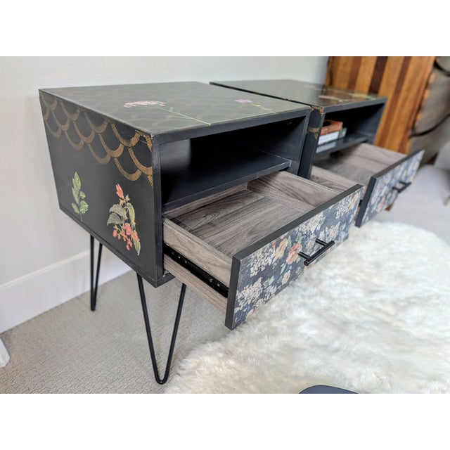 2020s Moody Botanical Functional Art | Vintage Nightstand Pair | Hand-Decorated | Resin Top | Hairpin Legs For Sale - Image 5 of 11