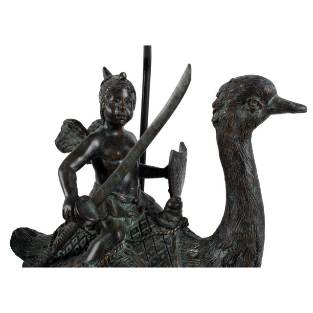 Bronze Mid 20th Century Charming Pair of Bronze Ostrich Lamps With Cherubs For Sale - Image 8 of 12