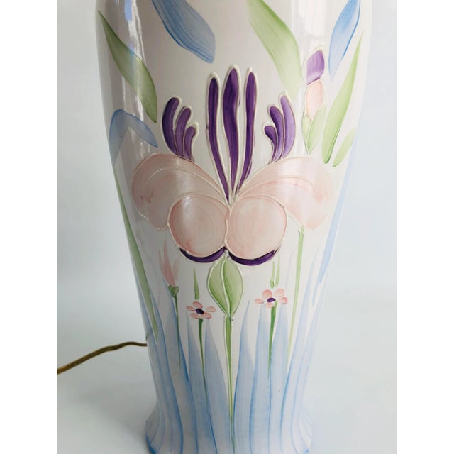 Large Vintage Hand-Painted Otagiri Japanese Pastel Pink& Blue Porcelain Asia Floral Table Lamp For Sale - Image 4 of 4