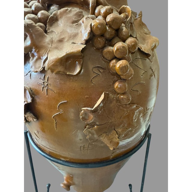 Terra Cotta Antique Italian Terra Cotta Covered Urn Vase Grape Vine Relief 2 Handle Decorative Jar For Sale - Image 8 of 12
