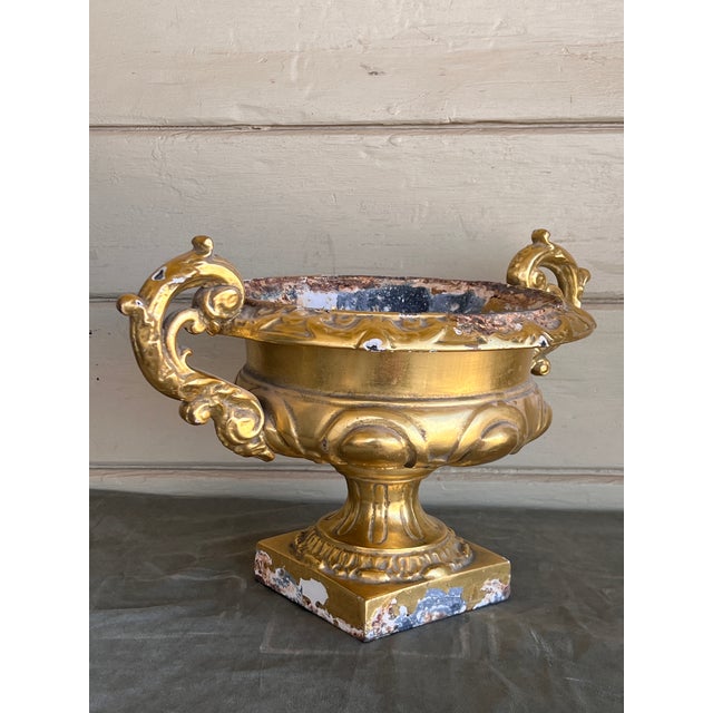 Large heavy cast metal, polychrome layered and gilded vase Jardinière. The heavy oxidation patterns inside the bowl and...