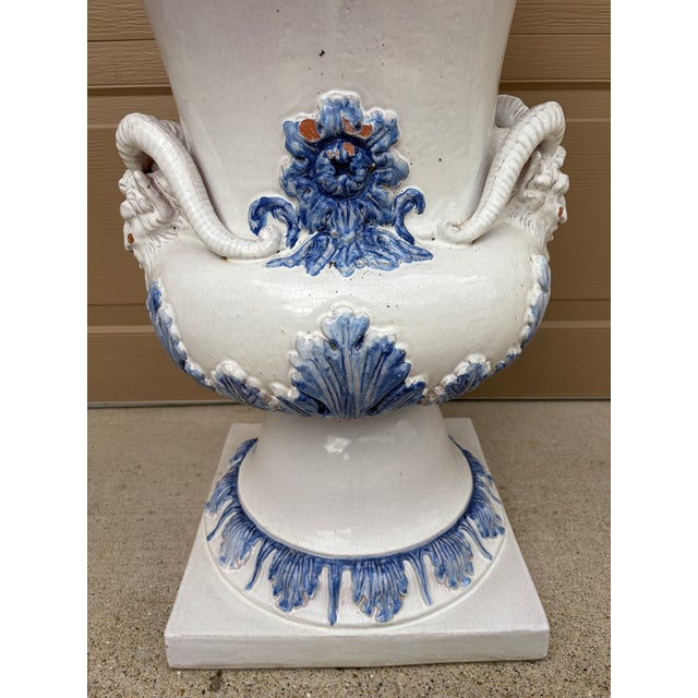 Monumental Blue & White Majolica Grecian Urn With Jupiter Ammon Motifs For Sale - Image 15 of 17