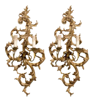 French 1850s Rococo Revival Giltwood Two-Light Sconces - A Pair