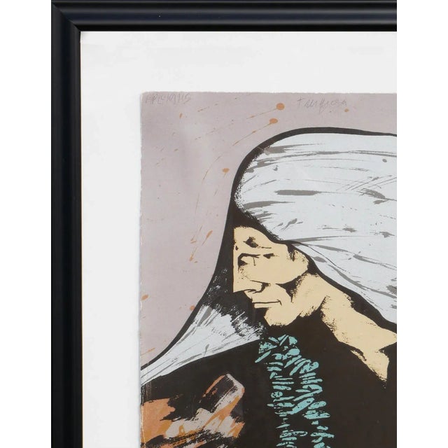 Figurative 1981 Teal, Brown and White Toned Modernist Figurative Print of a Native Elder by Amado Maurilio Pena For Sale - Image 3 of 10