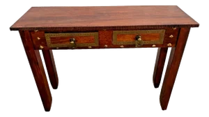 Sofa Table Two Drawers Brass Accents Carved Top Edges Mahogany