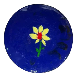 1967 Modern Copper Enamel Royal Blue Plate Yellow Daisy Flower Signed