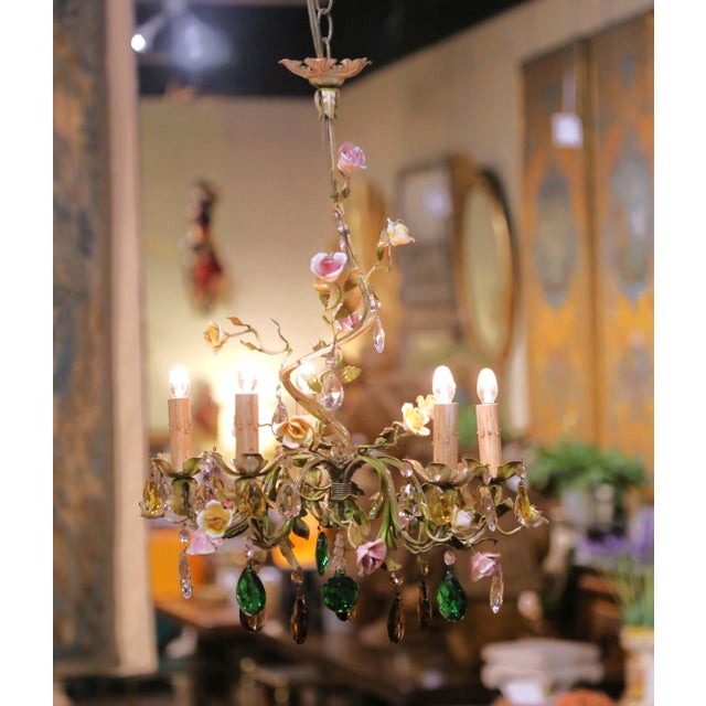 Metal Early 20th Century French Floral Porcelain and Crystal Five-Light Chandelier For Sale - Image 7 of 9