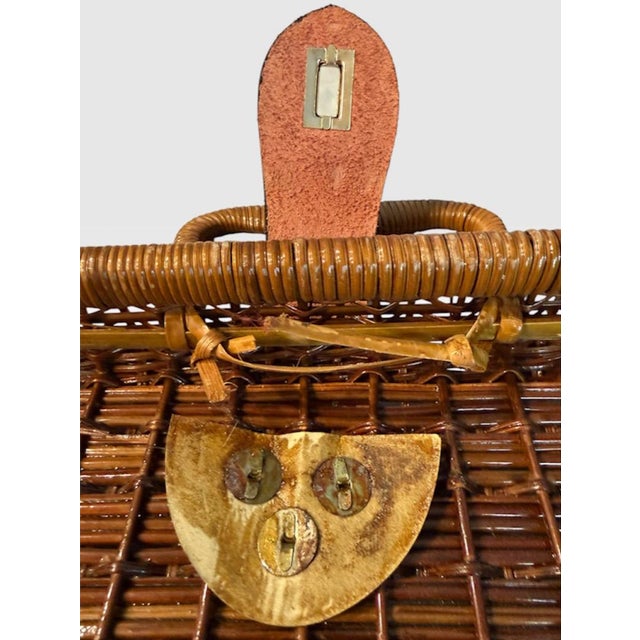 Vintage Handwoven Wicker Suitcase Picnic Basket Hamper With Leather Strap and Brass Turn Lock Closure For Sale - Image 10 of 10